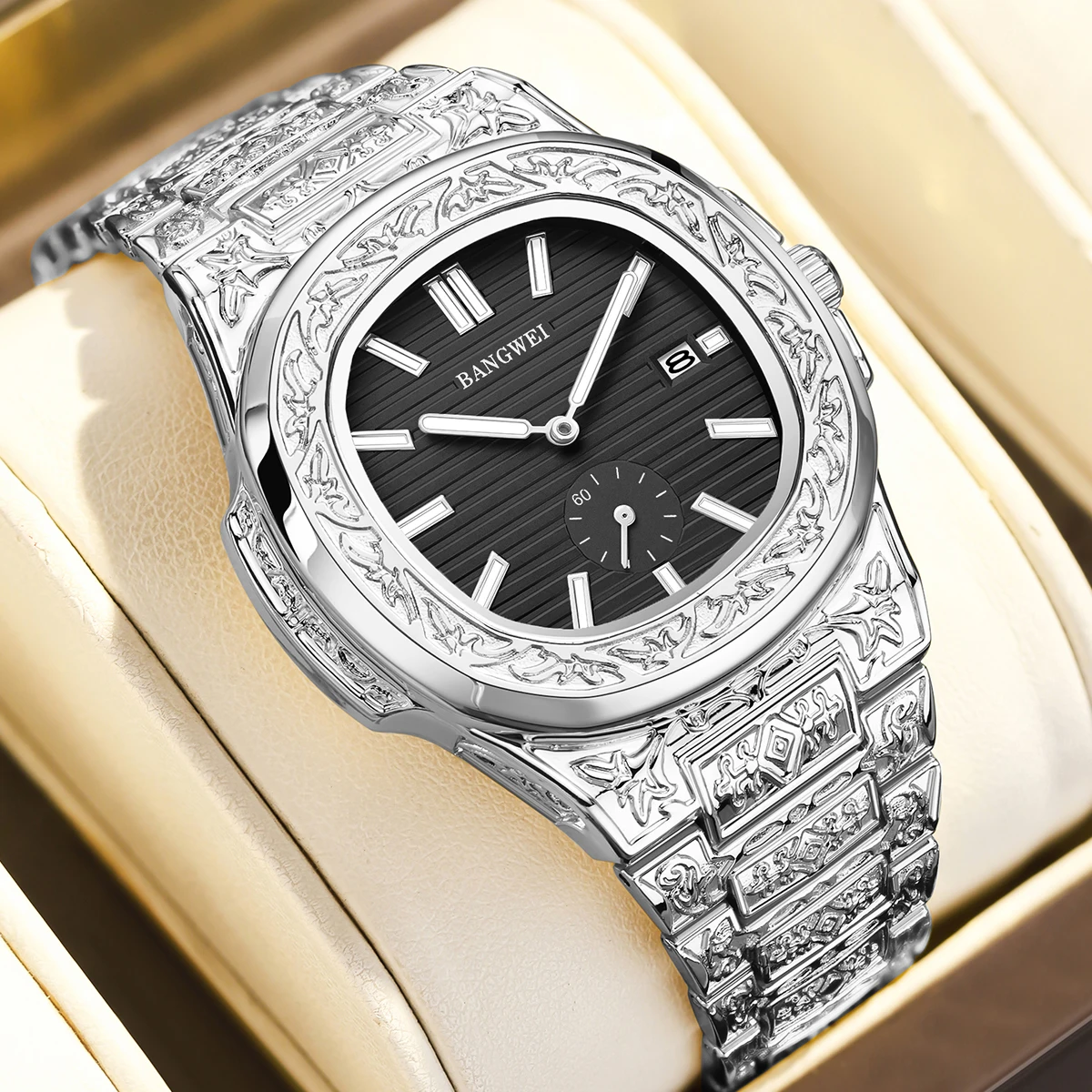 

Часы BANGWEI в стиле ретро, мужские, люксовый бренд, деловые, светящиеся, водонепроницаемые, с календарем, кварцевые наручные часы для мужчин.