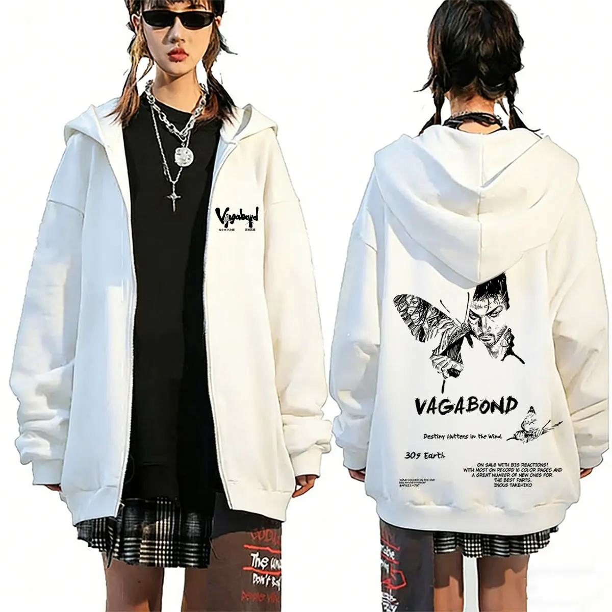 Sweat à capuche avec fermeture éclair pour hommes et femmes, Anime Vagabond Miyamoto Musashi Destiny Flutters in The Wind Butterfly Graphic, veste rétro Manga avec fermeture éclair