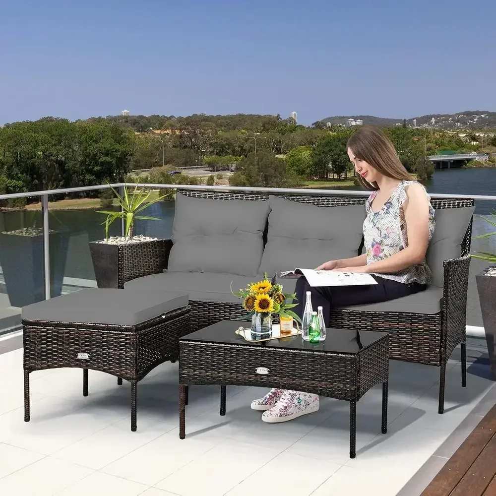 All-Weather Outdoor PE Rattan Patio Furniture Set with Cushions and Glass Table for Garden, Backyard, Poolside (Gray)