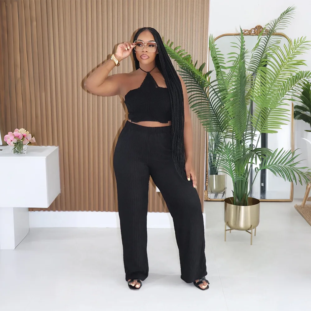 Sexy Beach White Women 2pcs Set Halter Crop Tops and Wide Leg Pants Set Sweatsuit 2026 Tracksuit Two Piece Set Outfits