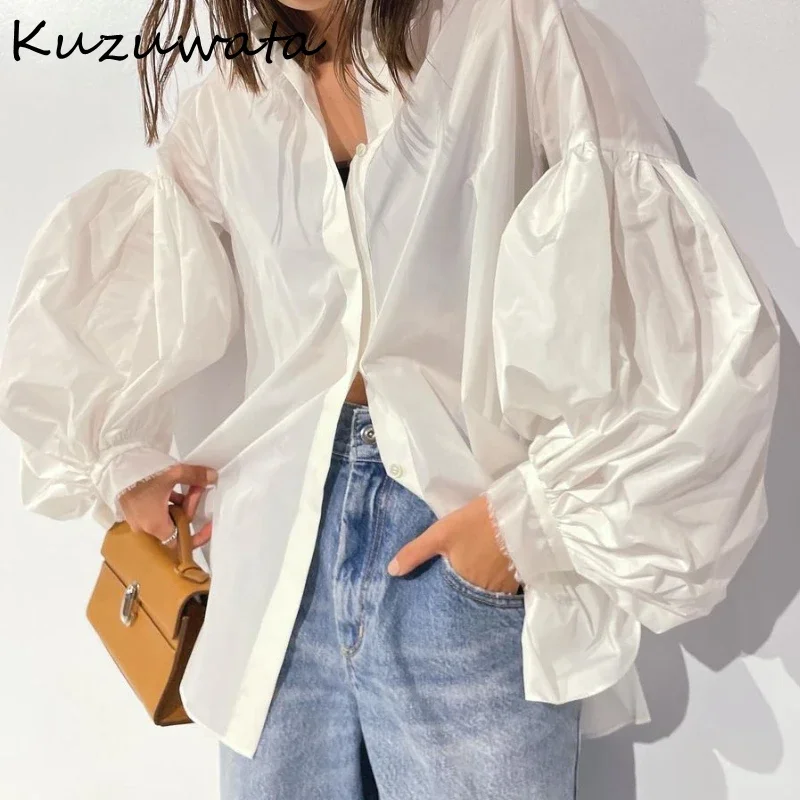 Kuzuwata Stand Collar Lantern Sleeve Solid Blouses Casual Simple Single Breasted Blusas Japan Early Autumn Loose Fresh Shirts