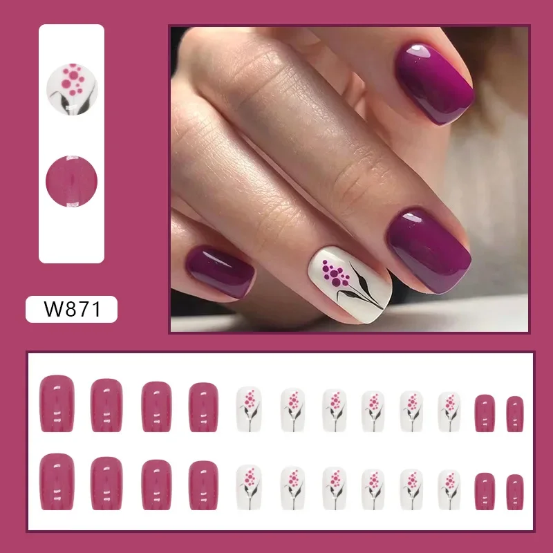 24pcs/set Square Rose Red Purple Flower Press on Nail False Nails for Girls Fake Nails with Design Artificial Nails Short Cheap