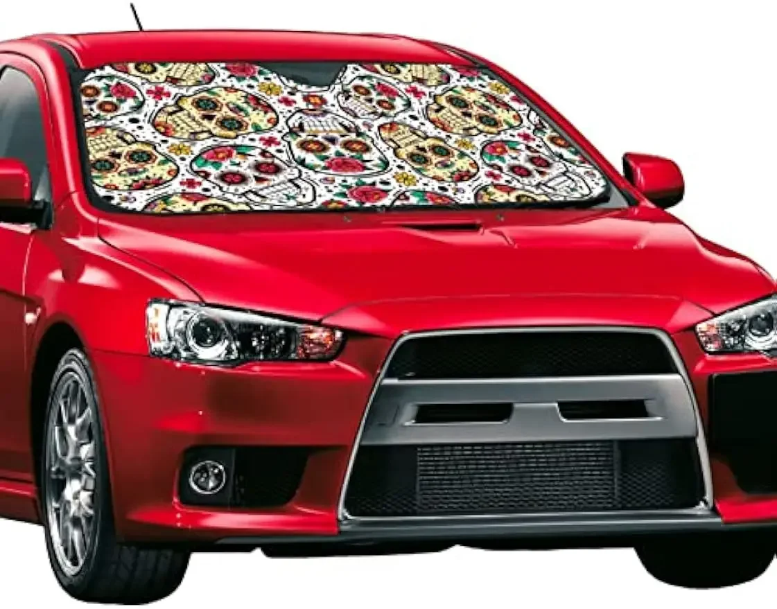 Day of The Dead Mexican Sugar Skull Flowers Car Windshield Sunshade  Front Window Sun Shade for Car SUV Keep Your Vehicle Cool