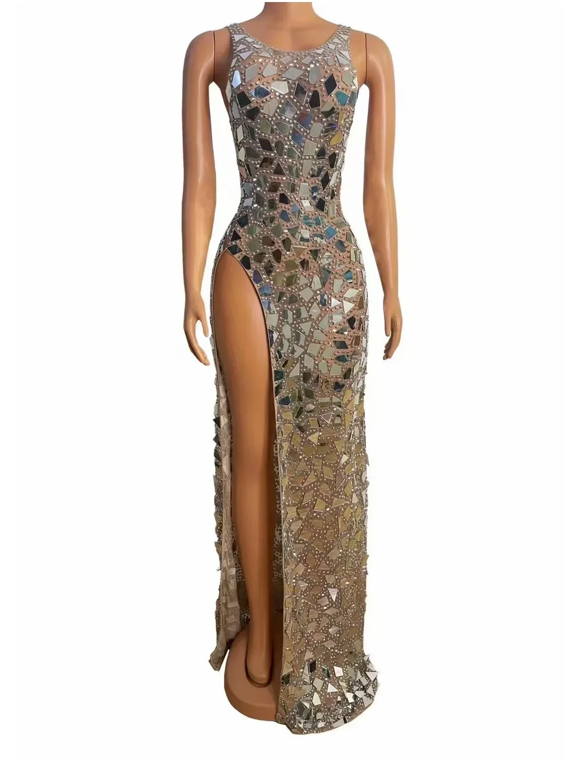 Sleeveless Shining Mirror Sequins Sexy Split Long Dress For Women Evening Celebrity Clothing Stage Prom Singer Costumes