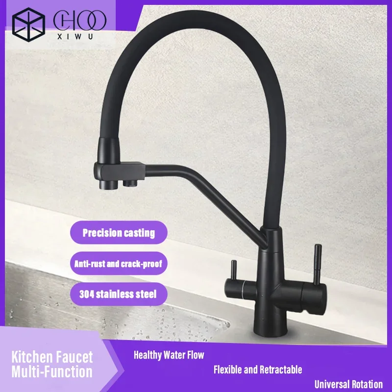 

304 Stainless Steel Drinking Filtered Water Kitchen Faucet Dual Handle Hot & Cold Water Mixer Kitchen Sink Tap Crane Black