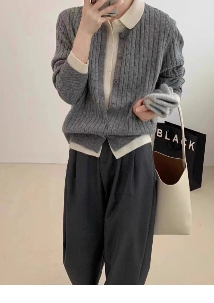 Europe station polo neck long sleeve cashmere sweater fake two-piece stitching design sweater loose casual sweater