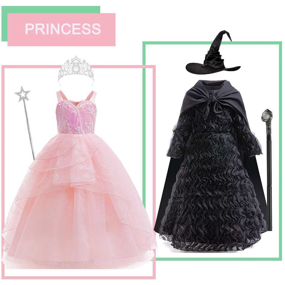 Movie Magic Wicked Witch Cosplay Costume Elphaba Black Witch Dress Glinda Pink Sequins Princess Dress Halloween Party Clothes