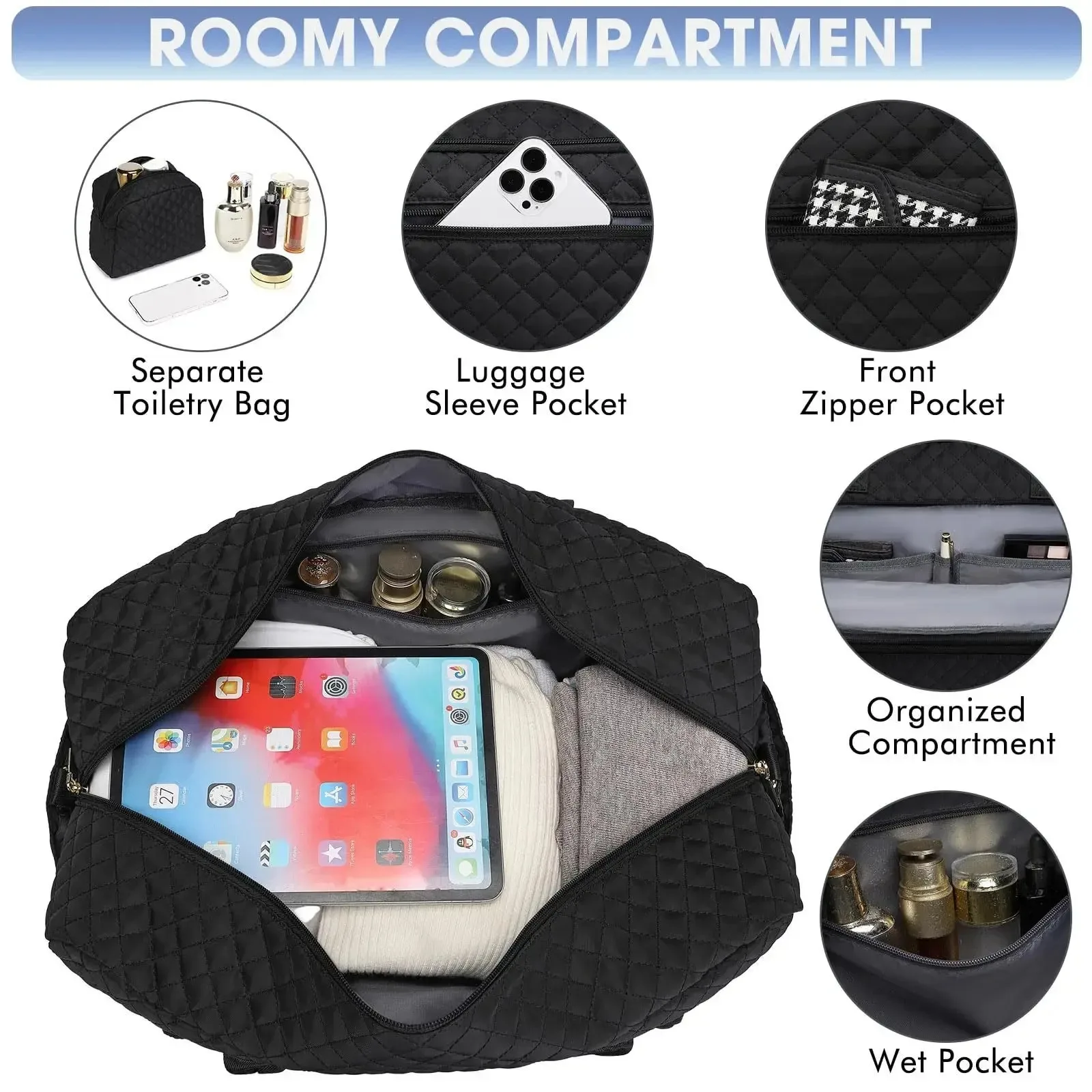 حقيبة حمل LBS مع جيب أدوات الزينة المبلل ليلاً، عطلة نهاية الأسبوع، اليوغا، صالة الألعاب الرياضية، رحلات العمل، الرياضة والمستشفى، أسود