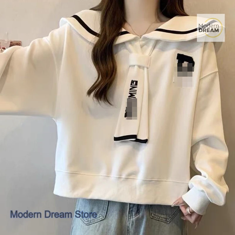 Sweter damski w stylu francuskim z efektem dwóch wiązanych wiązek na ramionach, nowy model na jesień i zimę, plus size, w stylu college, granatowy kołnierzyk, odmładzający płaszcz.