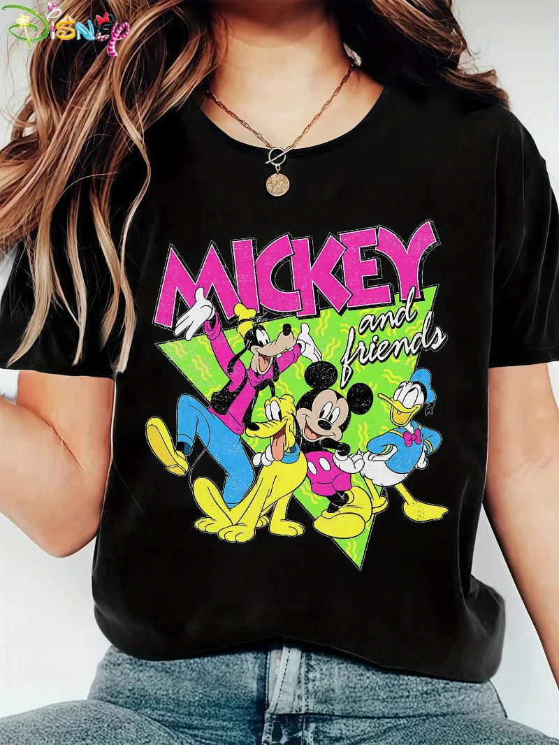 

Retro Mickey Mouse Pattern T-shirt Men's and Women's Round Neck Short Sleeve Top Summer Casual