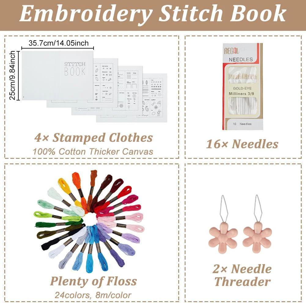 DIY Stitch kit Embroidery for Beginner Adults, Embroidery Stitch Guide Sewing Practice Samplers Set
