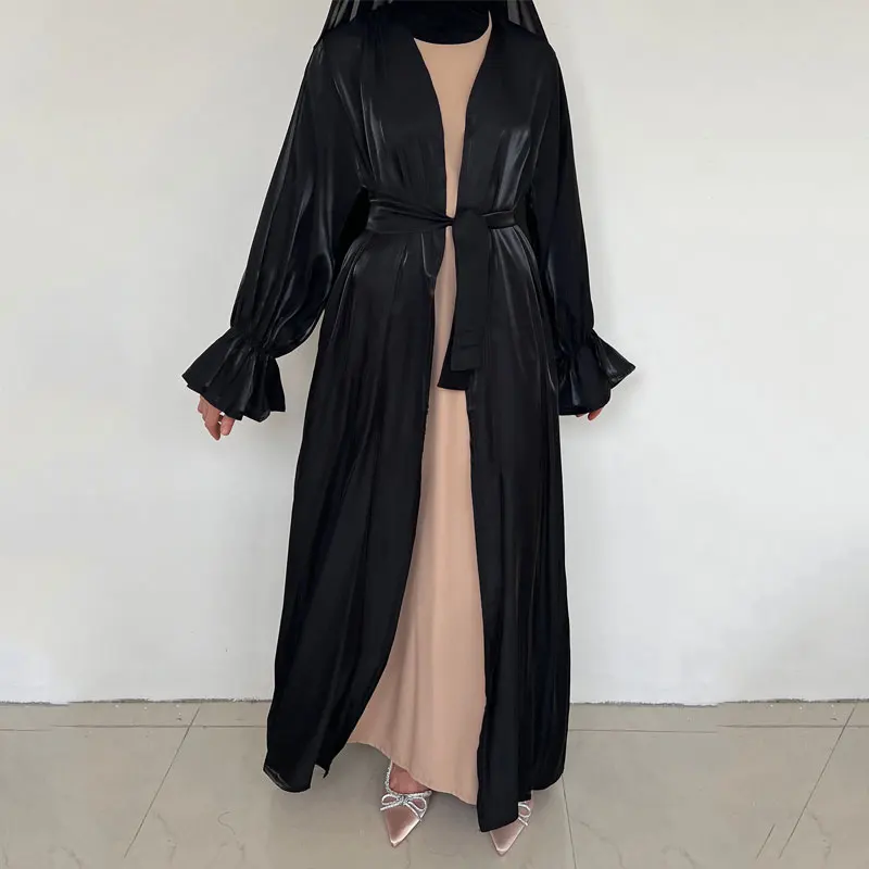 Imagem -06 - Abaya Aberta Muçulmana para Mulheres Longo Robe de Cetim Cardigã Luxuoso de Dubai Vestidos Brilhantes de Verão Roupas Islâmicas Quimono de Dubai