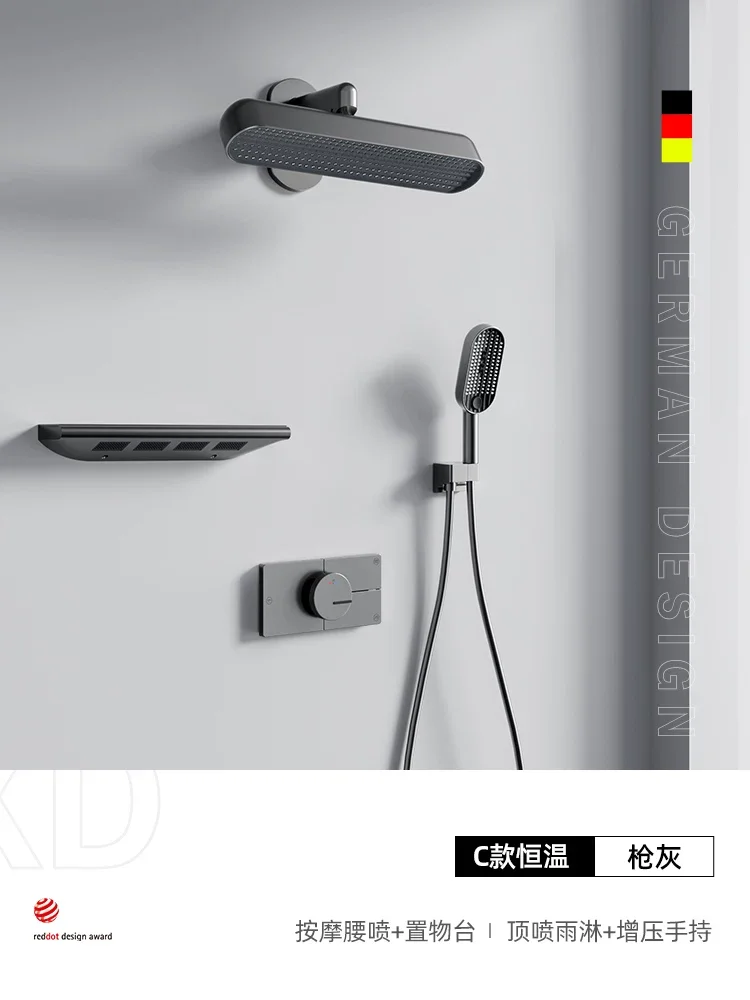 Luxury Thermostatic Shower Kit Brass Push-Button Concealed Large-Sized Rainfall Shower Head Shower set 3-Function,Matte black