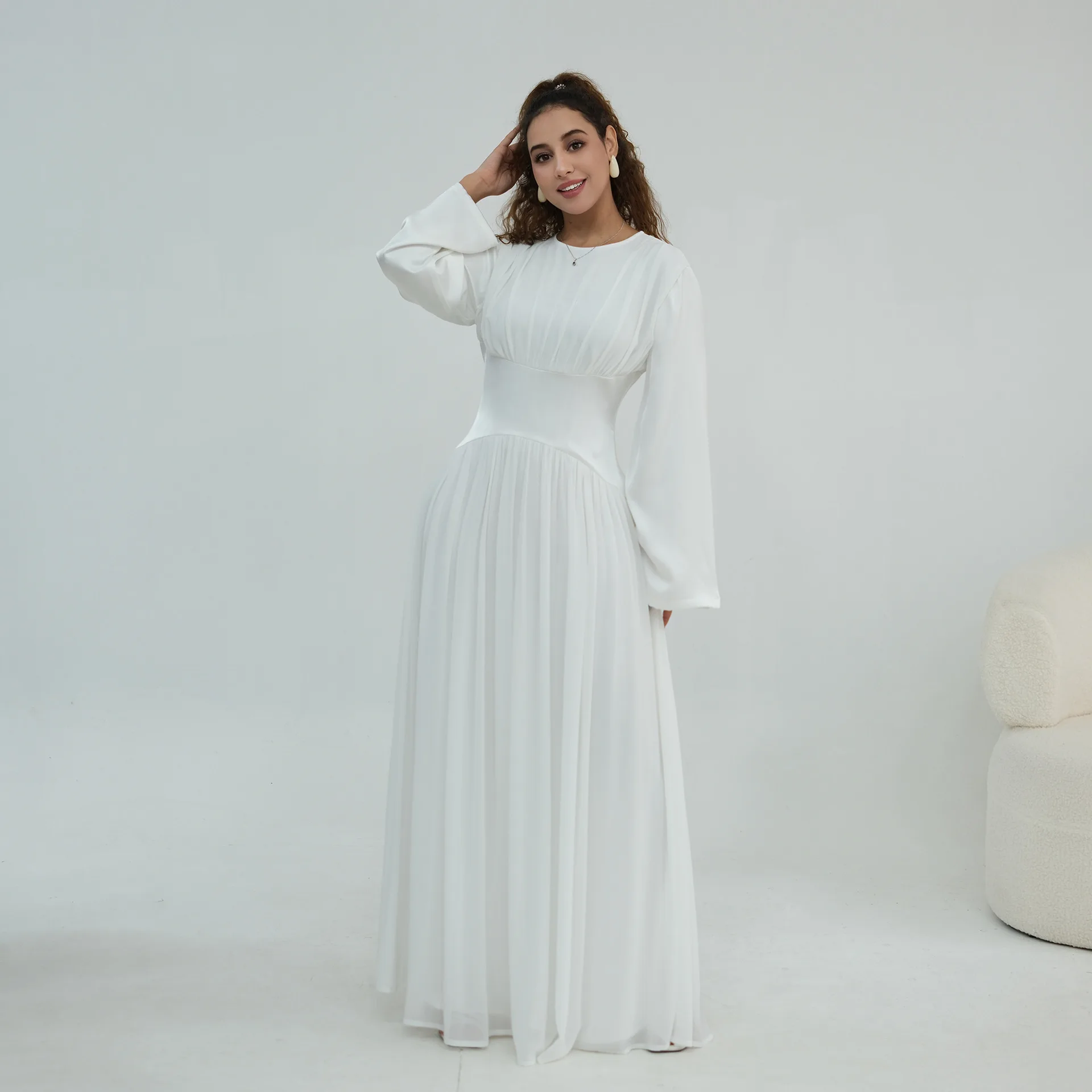 Solid Color Double Layer Chiffon Abaya Dress Elegant Long Sleeve Dubai Kaftan Muslim Women Modest Islamic Arab Robe Ladies Gown