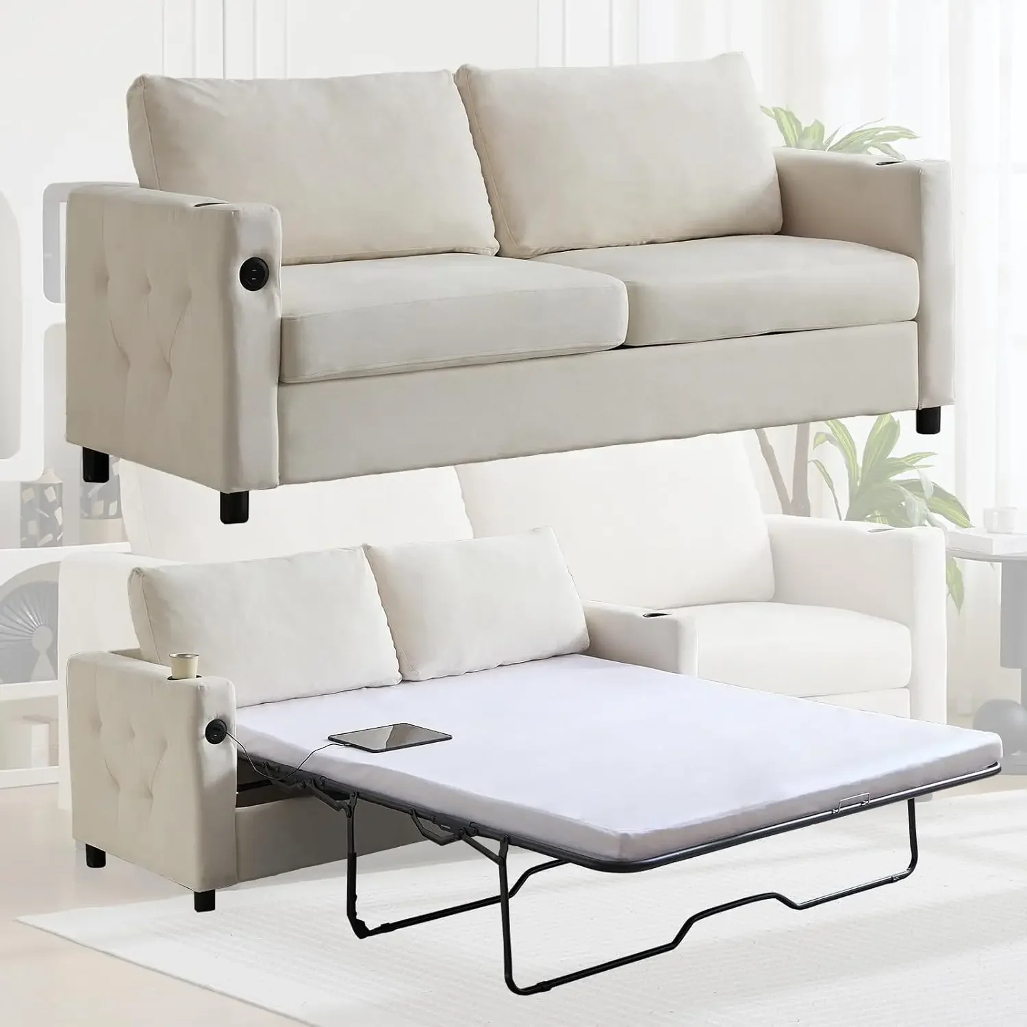 Large pull-out sofa bed, velvet 2-in-1 sleep sofa bed with USB and cup holder sofa set living room furniture  chairs