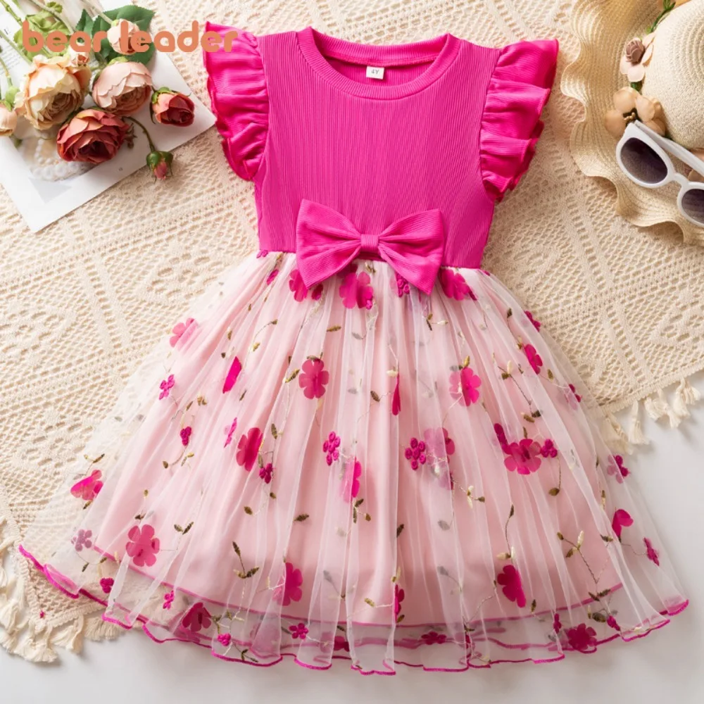 Bear Leader European and American Style Flying Sleeve Color Blocked Girls Dresses Summer Flower Mesh Bow Sweet Children Dress