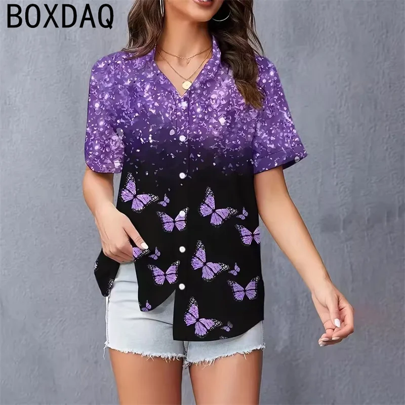 

Trendy Colorful Butterfly 3D Print Shirt Big Size Short Sleeve Summer Casual Loose Women's Blouse Vintage Floral Elegant Shirt