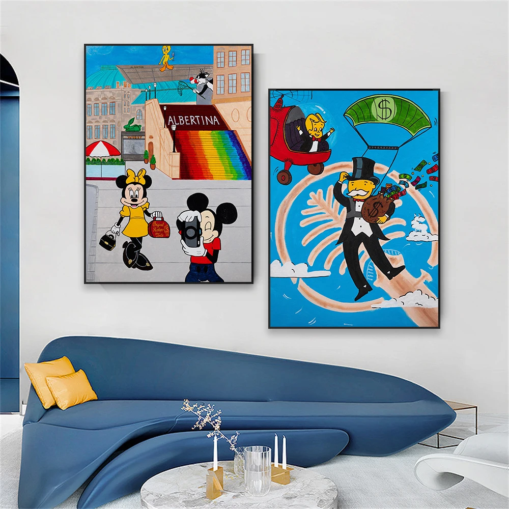 Graffiti Art Cartoon Print Poster Disney Mickey and Minnie Mouse Funny Prints Pop Street Wall Art Canvas Painting Home Decor