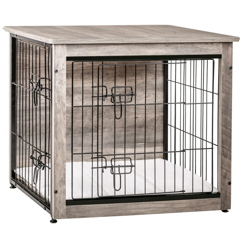 

2024 New Dog Crate Furniture with Cushion, Large Wooden Dog Crate with Double Doors, Indoor Dog Kennel House