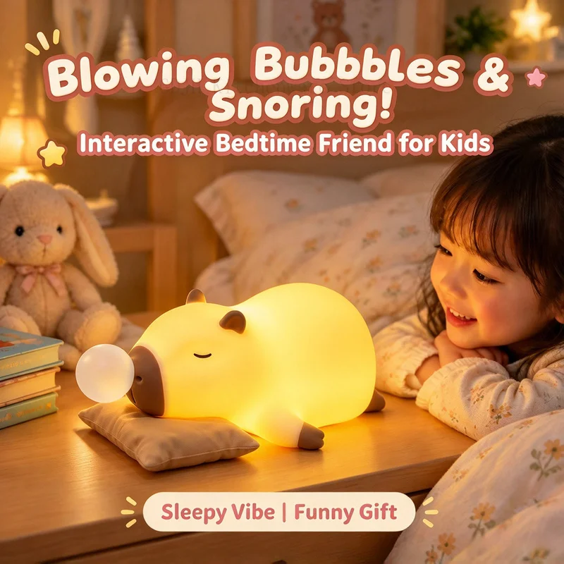 Capybara Night Light Squishy Silicone Lamp Tap & Remote Dimmable Timing, Snoring & Bubble Interactive Rechargeable Decor Gift