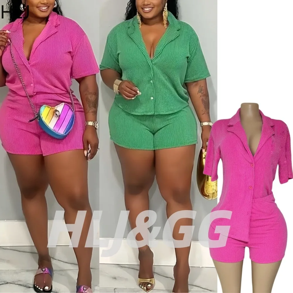 HLJ Summer New Casual 2 Pieces Set for Woman Solid Color Stripes Jacket Top and High Waisted Shorts Fashion Female Clothing 2026