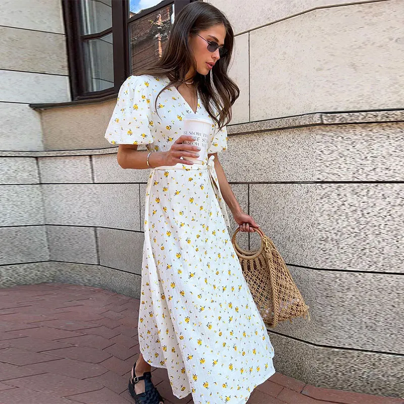 

Pure Cotton Printed Womens Dresses 2025 Summer New Style High Waist Puffed Sleeve V Neck Tie Short-Sleeved Elegant Dress Female