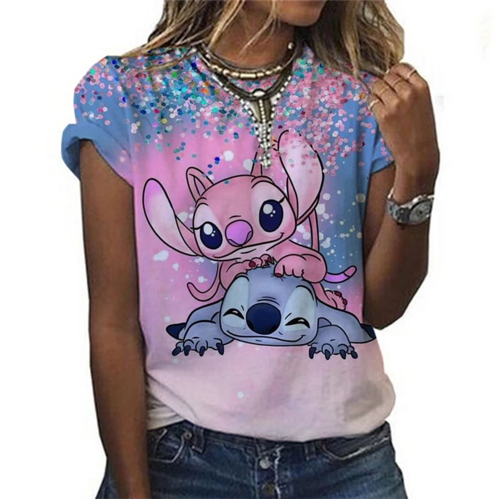 ゴシックステッチディズニーおかしい漫画 Tシャツ女性リロステッチ Tシャツグラフィック Tシャツヒップホップトップ Tシャツ女性服