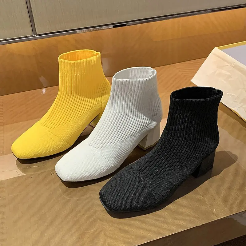 Versatile Yellow Knit Ankle Boots  Women's Square Heel Stretch Sock Boots, Elastic Cotton Comfortable Office Shoes