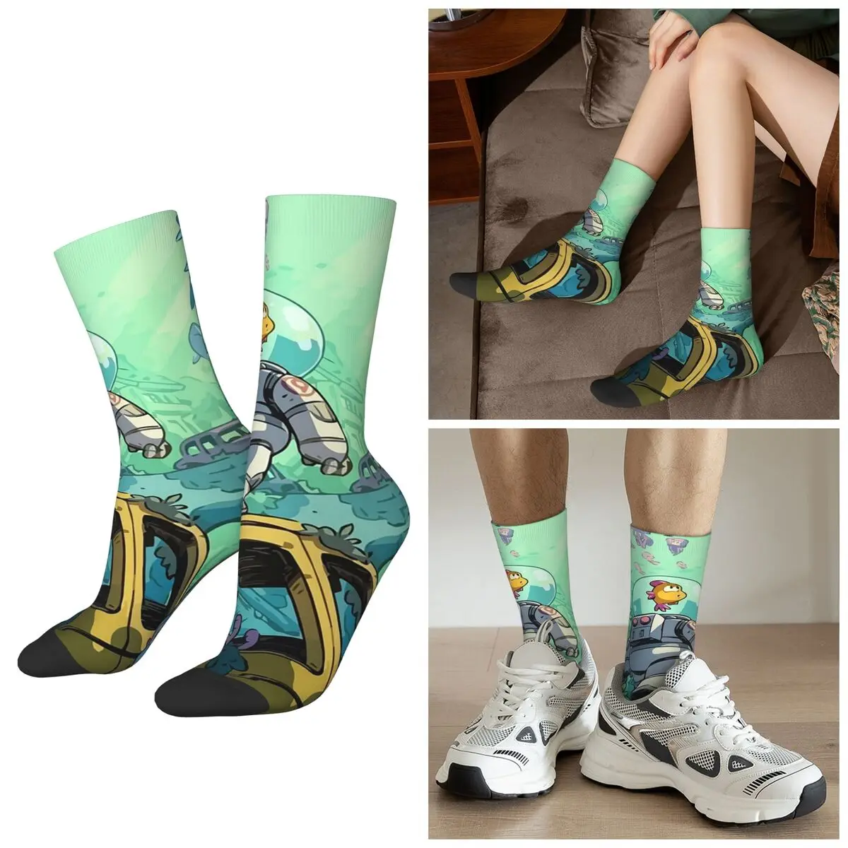 Calcetines deportivos Harajuku de tubo medio para hombre y mujer, medias divertidas y suaves para explorar una ciudad hundida, peces espaciales para todas las estaciones