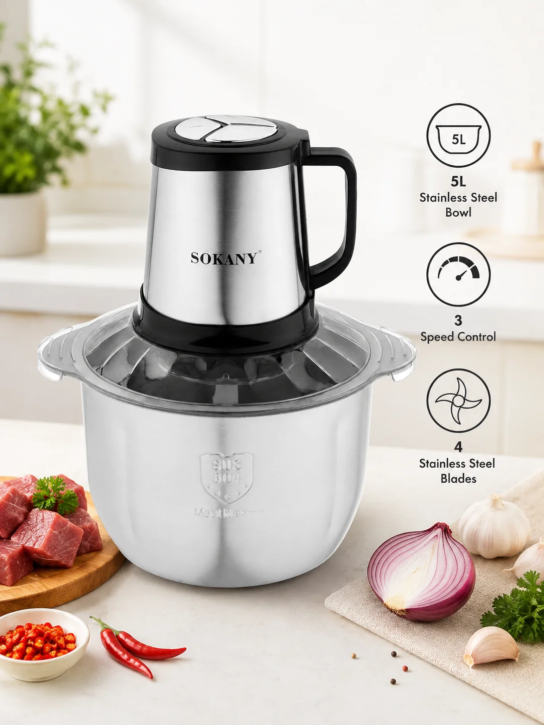 5L Electric Meat Chopper Food Processor 800W 3 Speed Stainless Steel Bowl 4 Blade Multi-Function Kitchen Mincer