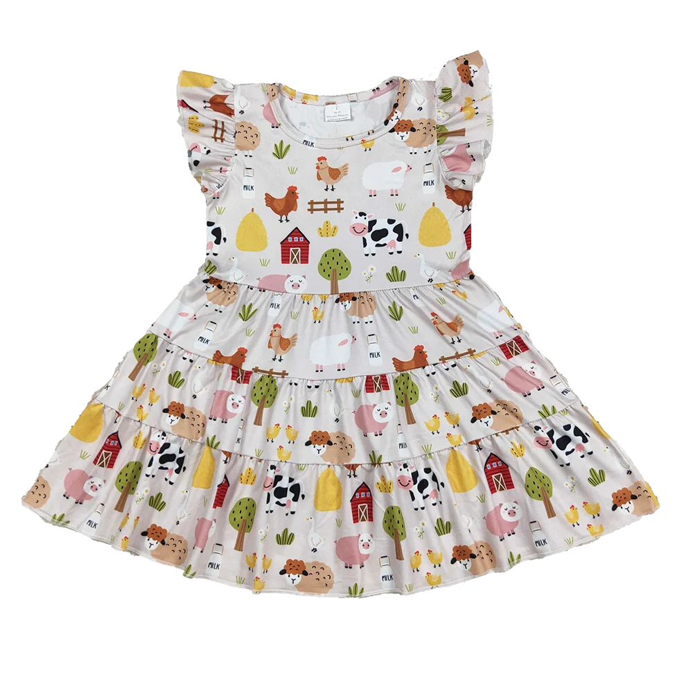 

9.17 Wholesale Hot Sale western boutique kids children Baby Girls Flutter Sleeves Cows Chicks Farm Knee Length Dresses
