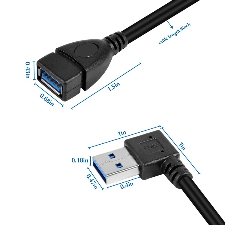 Adaptador de cable de extensión USB 3,0 macho a hembra, codos superior, inferior, izquierdo y derecho, 90 grados, USB 3,0, ángulo recto de datos