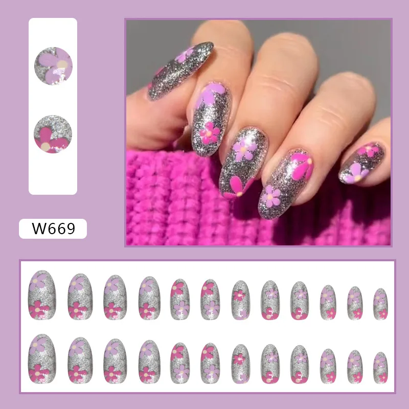 Almond Shaped Medium-Length Silver Sparkle Double Flower Pink And Purple Gradient Fake Nails European Wearable Nail Tips