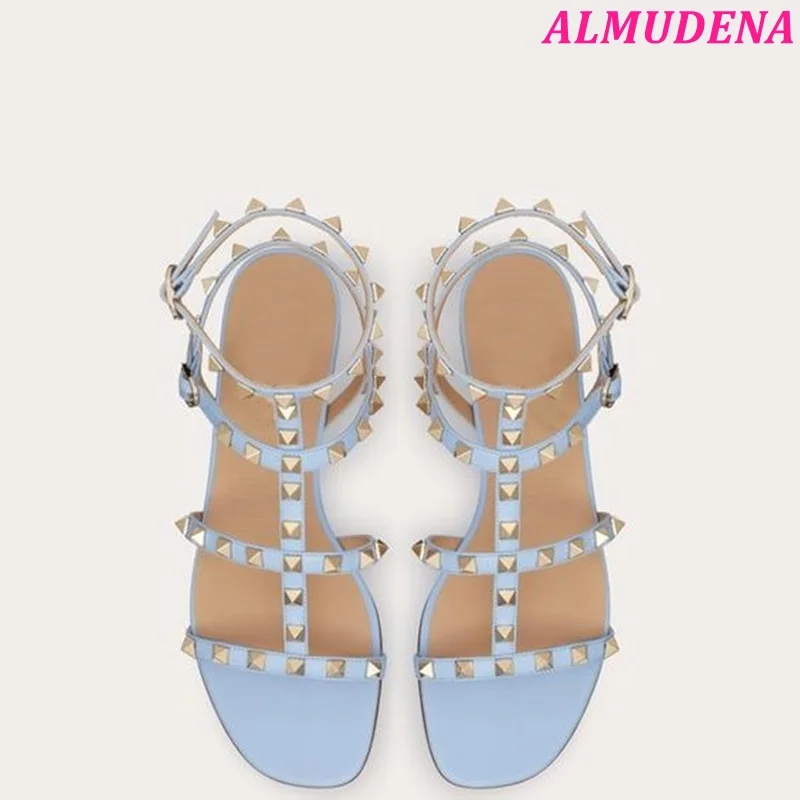 

Baby Blue Rockstud Flat Leather Sandals Women 2024 Summer New in Colorful Roman Stud Ankle Strap Luxury Designer Causal Shoes