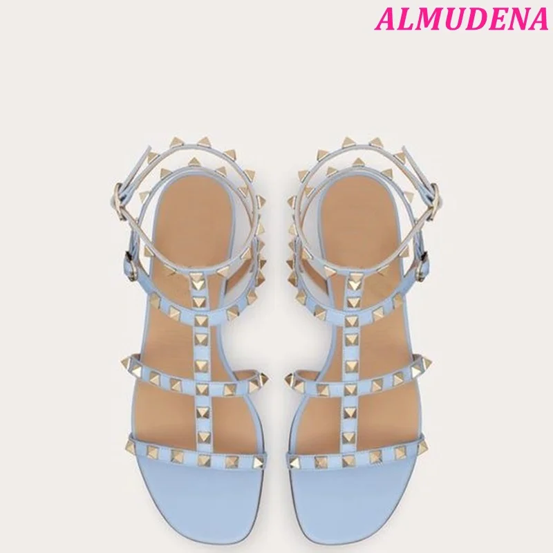 Baby Blue Rockstud Flat Leather Sandals Women 2024 Summer New in Colorful Roman Stud Ankle Strap Luxury Designer Causal Shoes