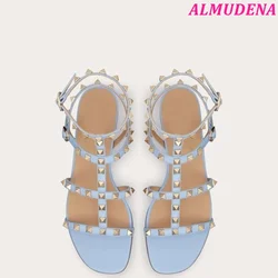 Baby Blue Rockstud Flat Leather Sandals Women 2024 Summer New in Colorful Roman Stud Ankle Strap Luxury Designer Causal Shoes