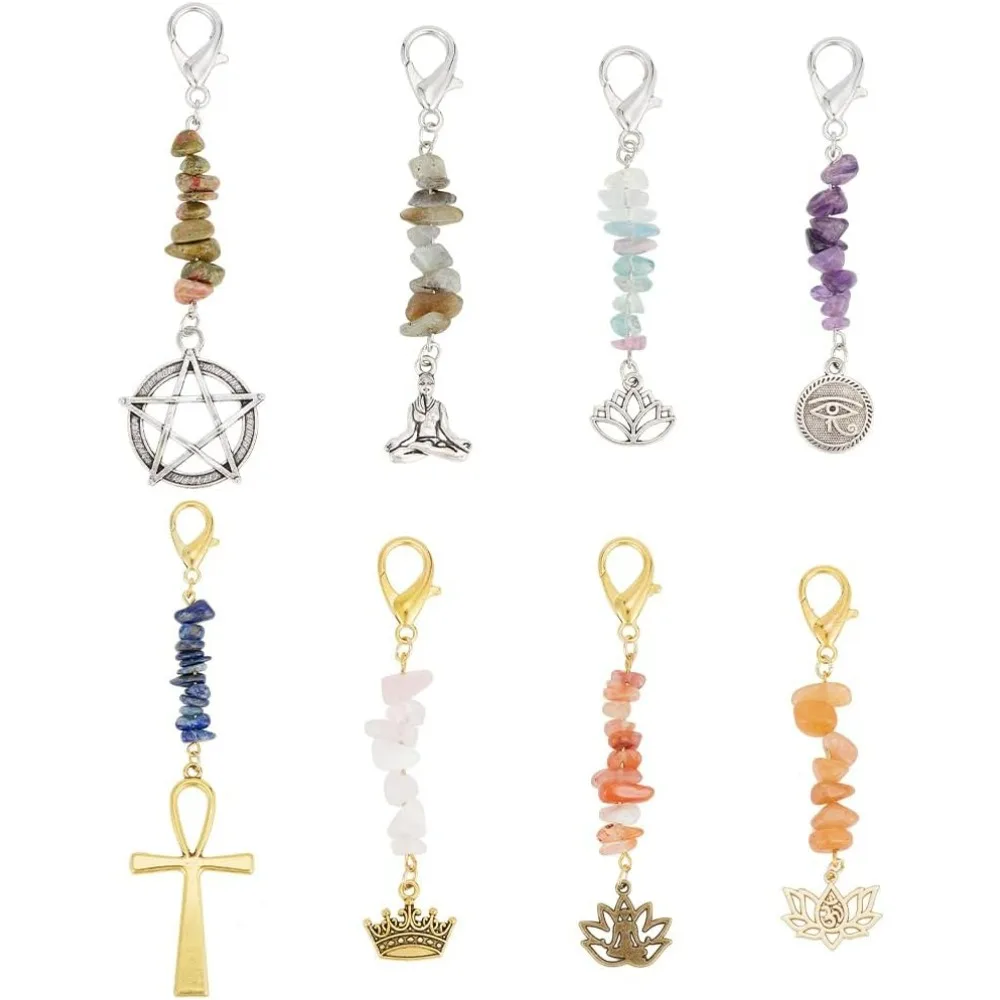 8pcs อัญมณีชิปจี้ Lobster Claw Clasps 8 รูปแบบ Lotus โยคะ Dangle จี้ Charms คริสตัลหินจี้โครเชต์