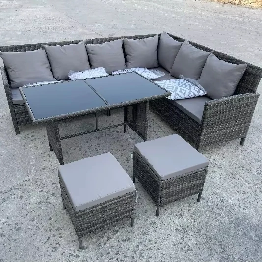 

Modern 6-Piece Outdoor Garden Patio Rattan Corner Sofa Set Sectional Dining Table with Ottoman for Outdoor Entertaining