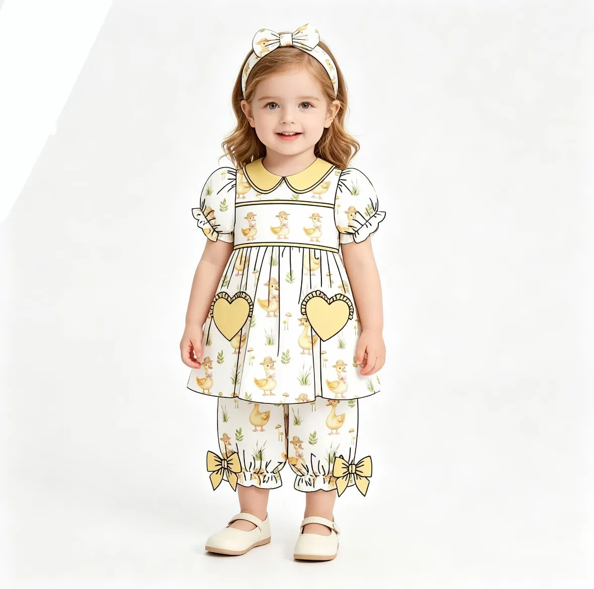 Children's Pajama Duck Print Short-Sleeved Collared Top with Heart Pocket and Bow Shorts Girls Summer Boutique 2-Piece Set