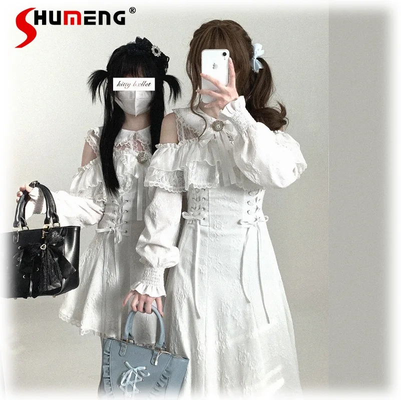 

Japanese Lolita Original Gemstone Long Lace Off-Shoulder One-Shoulder Long Sleeves Dress Y2K Kawaii Women's Sweet Cute Dresses