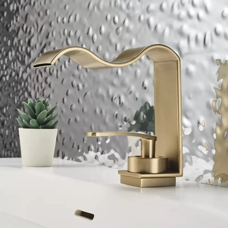 

Brushed Gold Bathroom Sink Faucet Deck Mounted Hot Cold Brass Mixer Waterfall Basin Faucets Lavatory Washbasin Water Tap