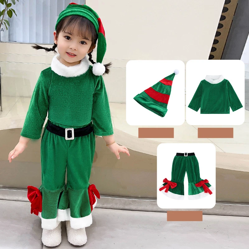 Kids Christmas Santa Clause Green Elf Girls Cosplay Costume Dress With Tops Hat Belt Shoes Striped Stockings for Boys Xmas Party