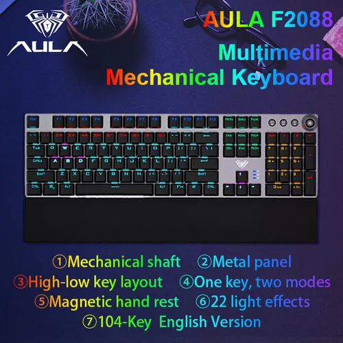 Teclado mecánico AULA F2088, teclado para juegos por cable, perilla multifunción, 104 teclas, teclado mágico retroiluminado, computación de programación Macro