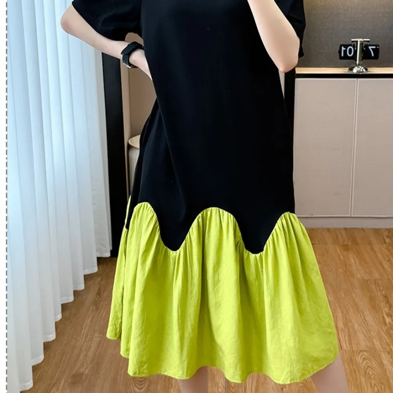 2025 여름 캐주얼 드레스 한국 캐주얼 배색 스티칭 드레스 여성 루즈 슬리밍 여성 티셔츠 피쉬테일 드레스