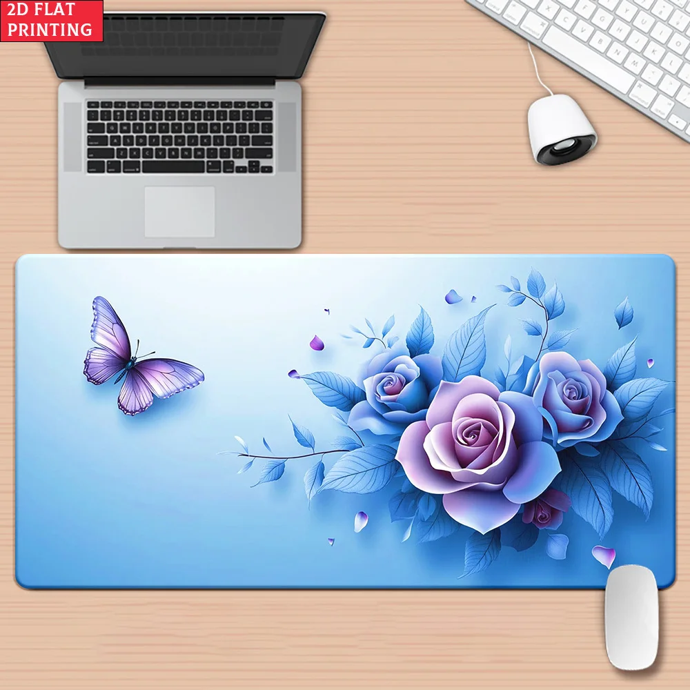 Brand XXL Iron Art Mouse Pad Blue Floral 2D Flat Design Non-Slip Rubber Base For Desk Gaming Office Decoration Computer