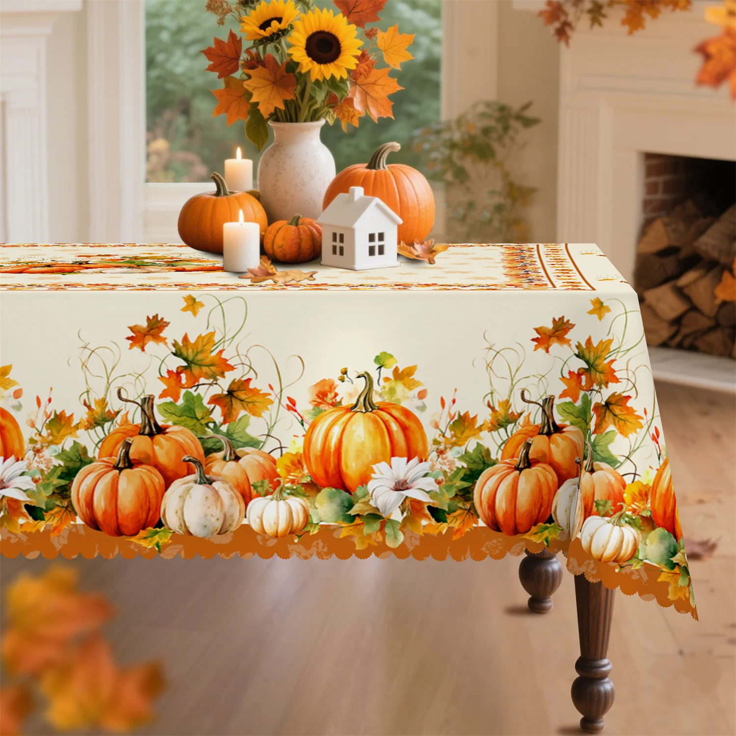 Fall Thanksgiving Pumpkins Tablecloth for Table Decor Autumn Harvest Flower Maple Leaves Kitchen Dining Table Cloth Autumn Decor