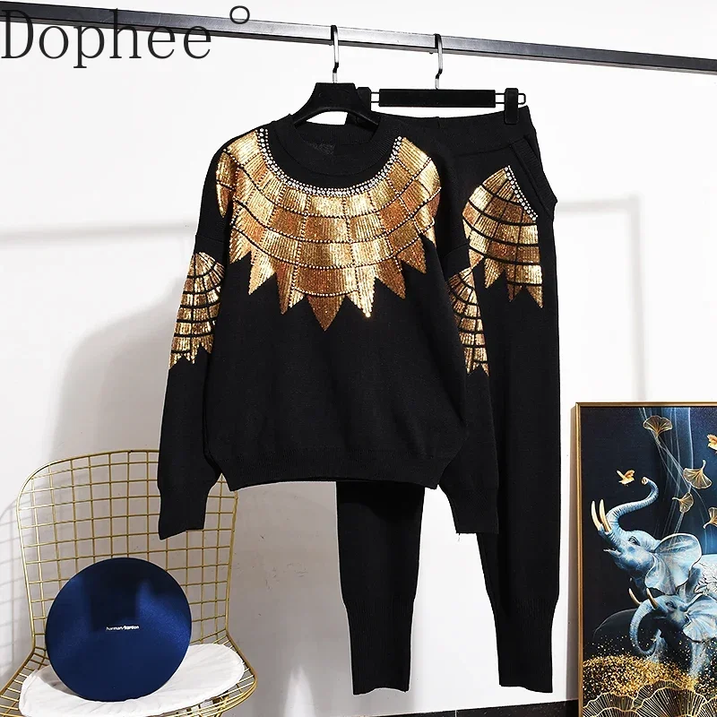 

High Quality Autumn Winter Women Knitted Two-piece Set Sequins Beading Pullover Sweater Top + Casual Knit Sweat Pants Suits