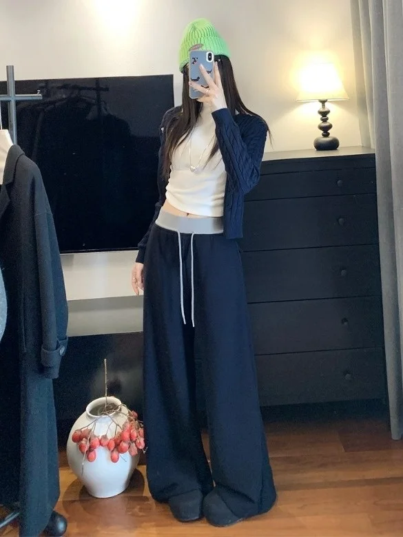 

High Waist Wide Leg Casual Pants Women's Loose Fit Color Block Autumn Winter plus Size Korean Style Fashion plus Size Pants