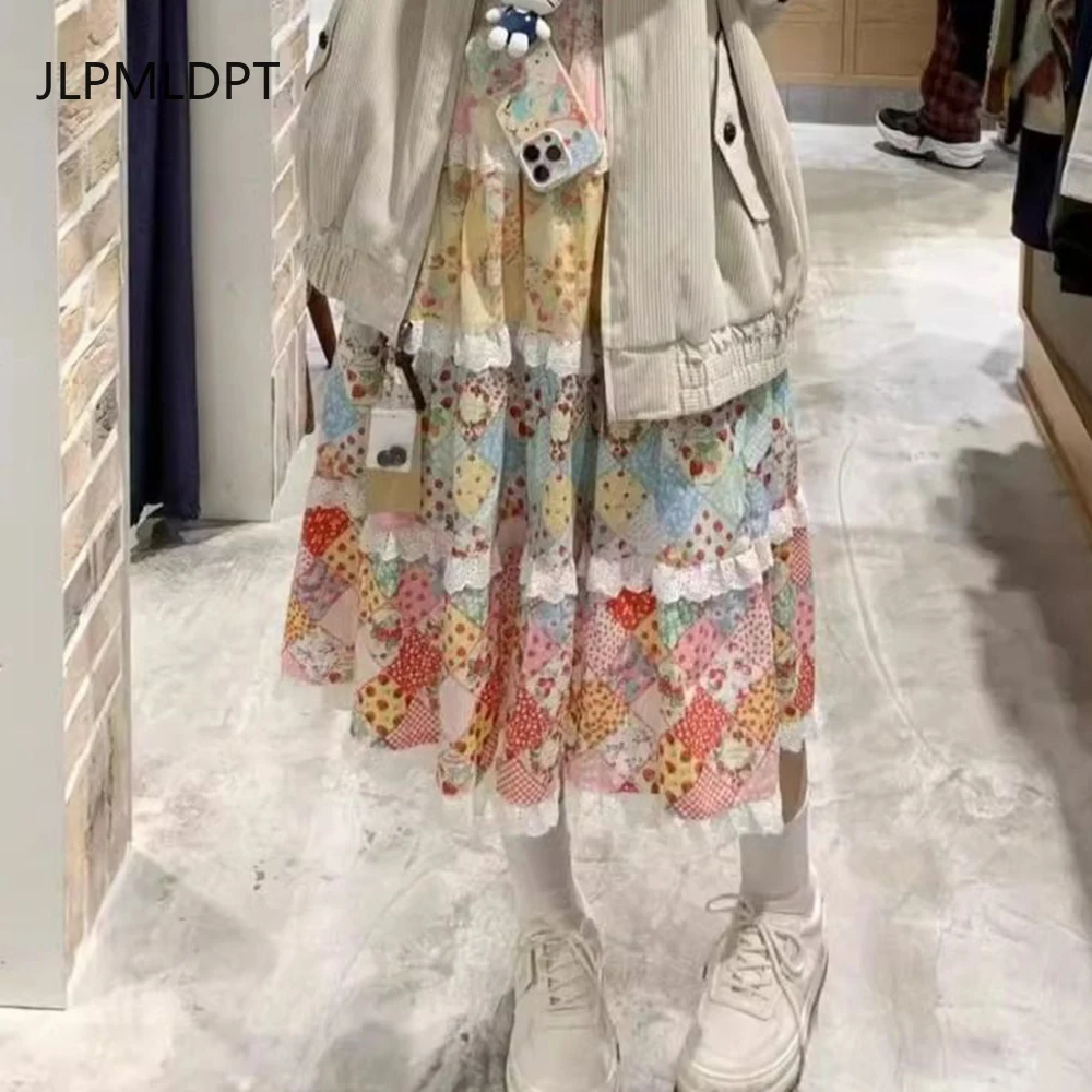Design sense summer splicing floral ethnic skirt 2025 new holiday style cake high waist retro long skirt