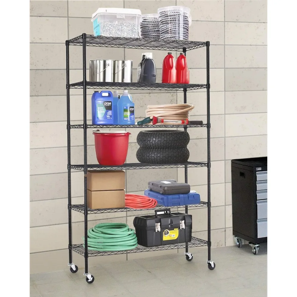 Wheels Steel 6 Tier Heavy Duty Layer Rack Storage Metal Shelf Garage Organizer Wire Rack Shelving-18x48x82 inch (Black)